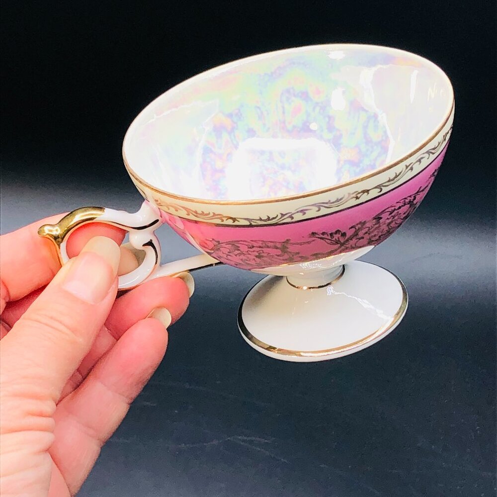 Vintage GIFTCRAFT Pink Band Iridescent Pearlescent Footed Tea Cup, Swirl Handle